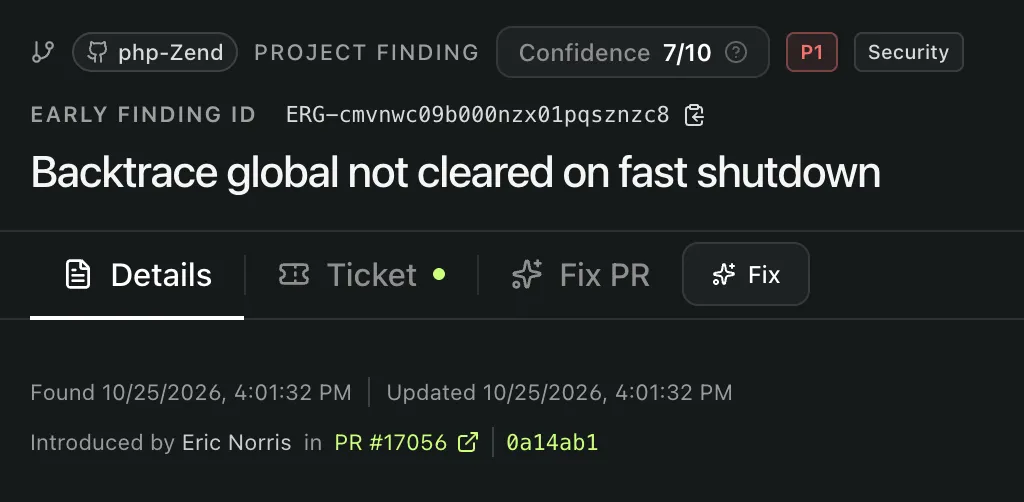 The same backtrace finding in a compact product view, showing confidence of 7/10 and its current P1 Security classification.