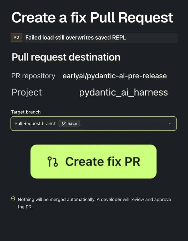 The same Fix PR confirmation, arranged as focused excerpts for a readable mobile view.