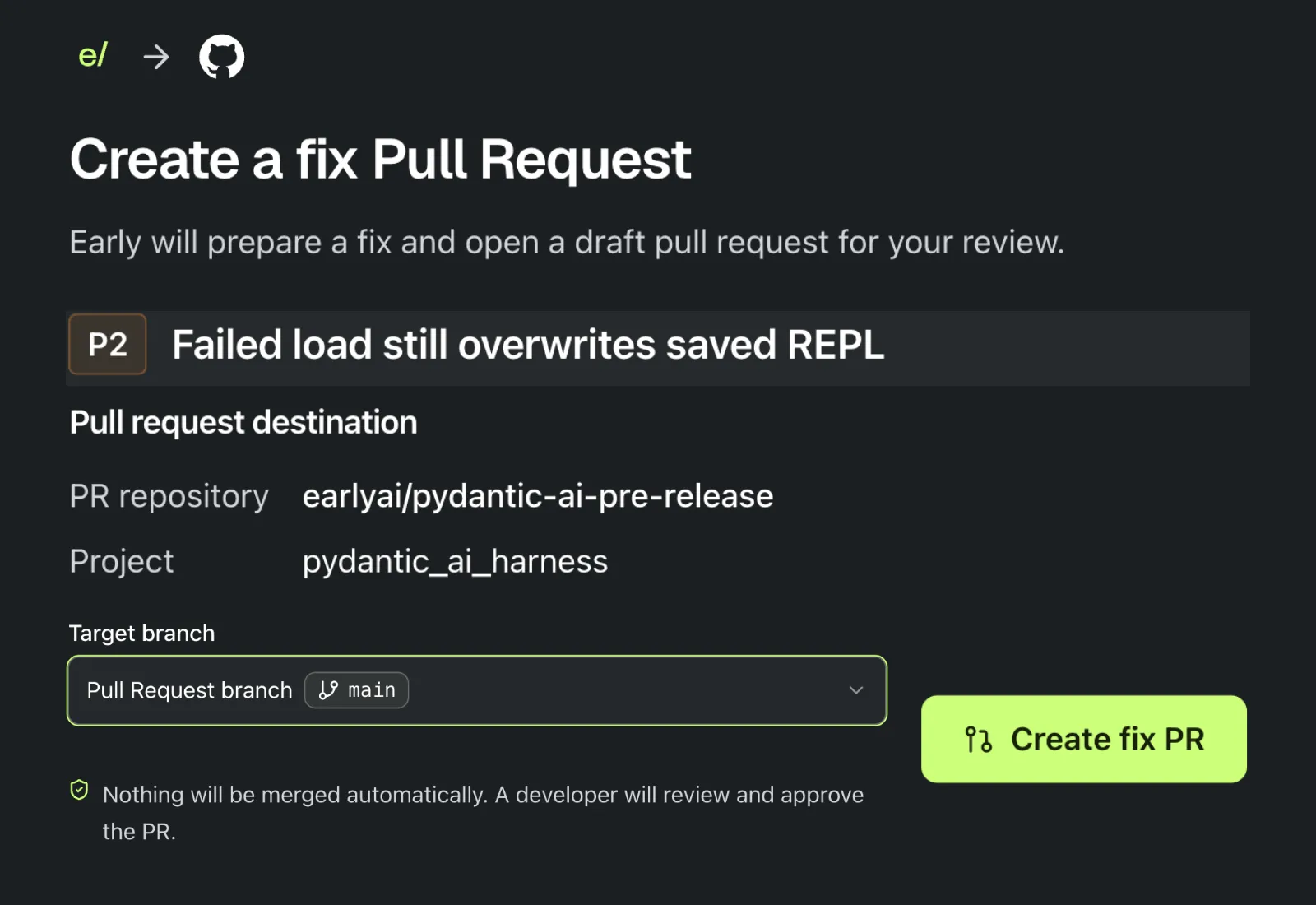 The Fix PR confirmation connects the selected finding to its repository and target branch before repair begins.