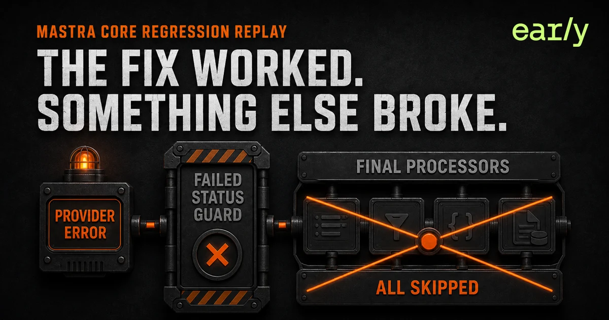 Early's Regression Guard replay of Mastra Core, showing a provider error triggering a failed-status guard that skips all final output processors.