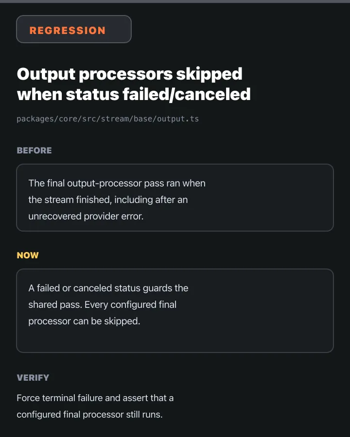 Focused mobile rendering of Early's Regression finding showing the verdict and skipped processor mechanism