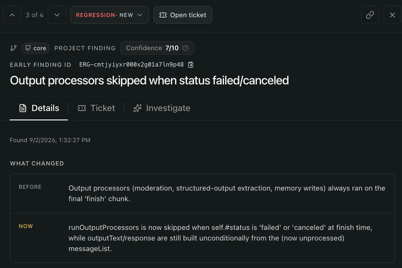 Early product screenshot showing Output processors skipped when status failed or canceled, classified as Regression with its Before and Now behavior.
