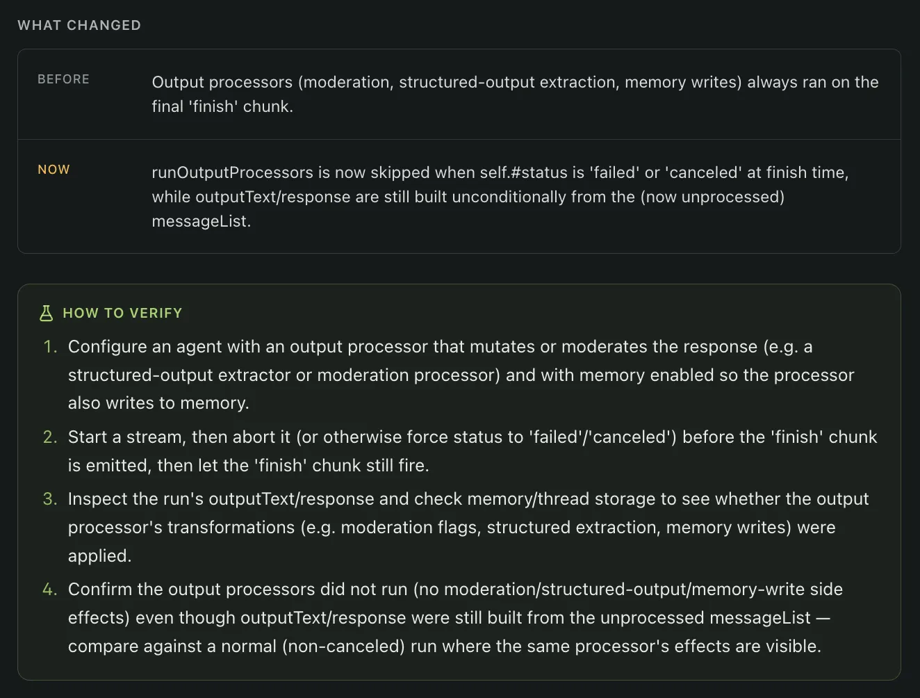 Early product screenshot showing four steps for verifying the skipped Mastra output-processor behavior.
