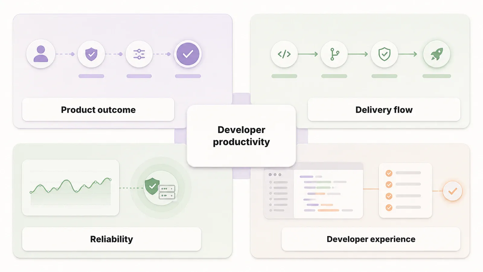 A balanced developer productivity scorecard connects product outcomes, delivery flow, reliability, and developer experience.