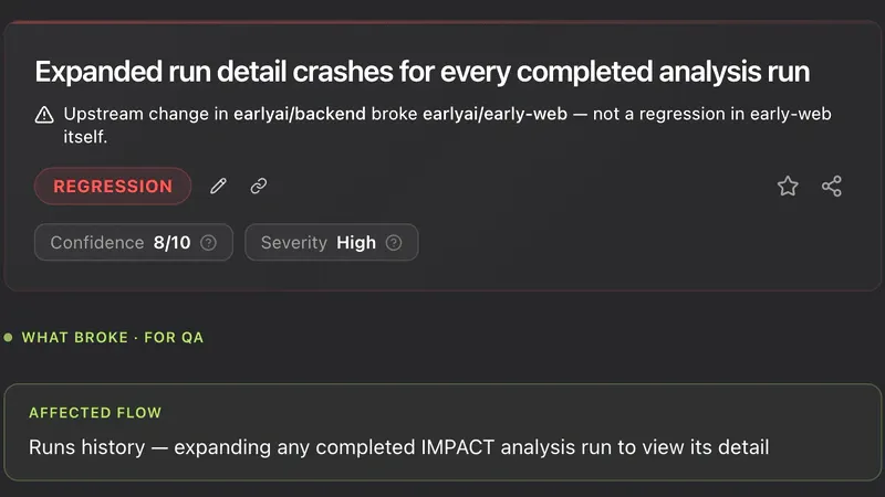 A Regression Guard finding connects an upstream backend change to an affected flow in another component.