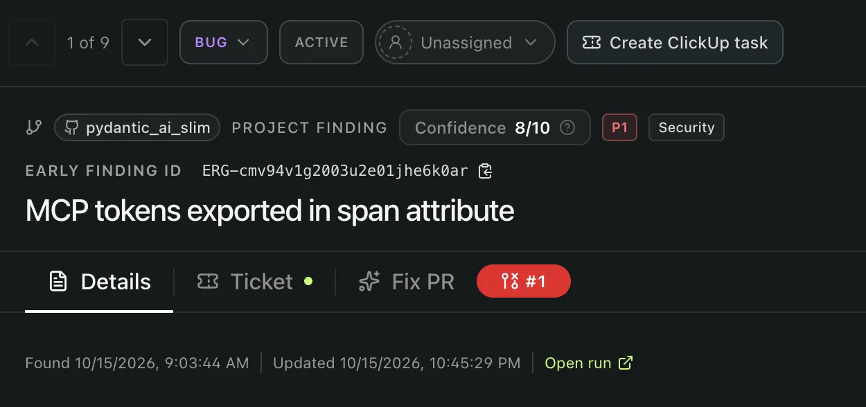 The Early finding MCP tokens exported in span attribute, rated P1 Security, with a link to Fix PR 1