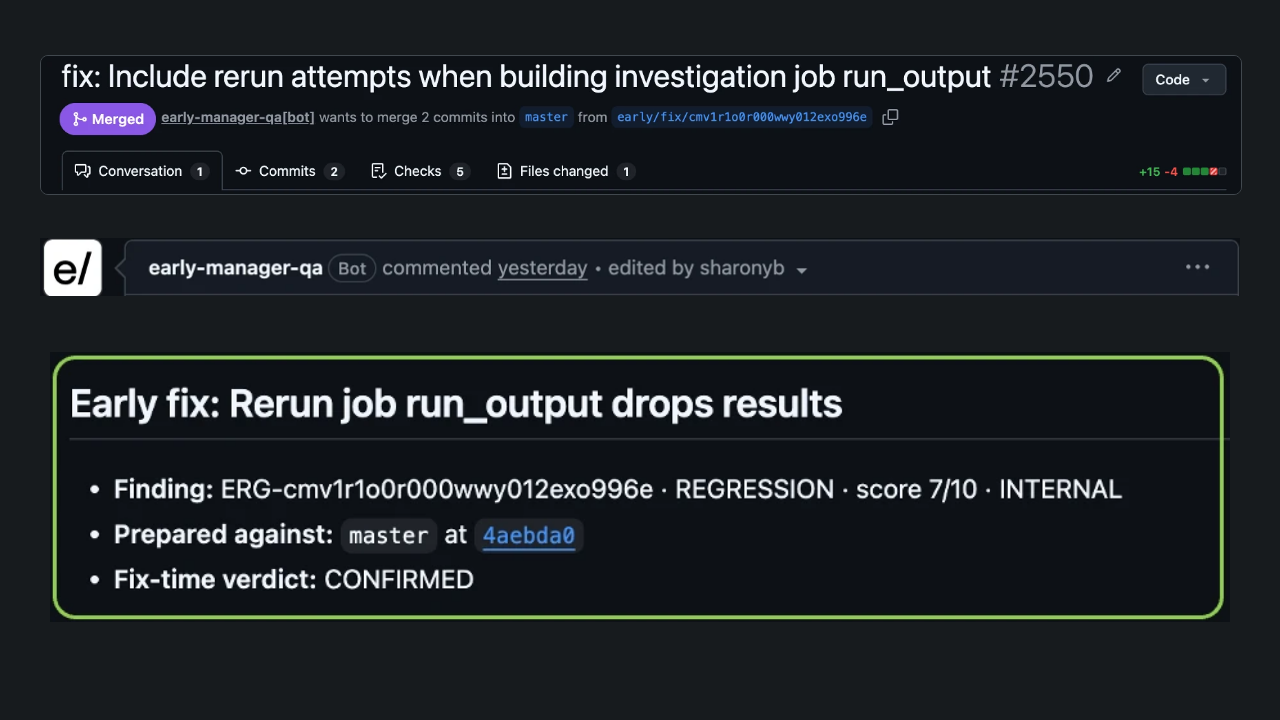 Early Fix Pull Request in GitHub showing the finding context and defect explanation