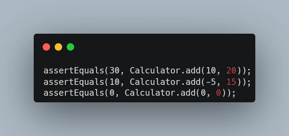 Multiple hard-coded tests for the same addition function.