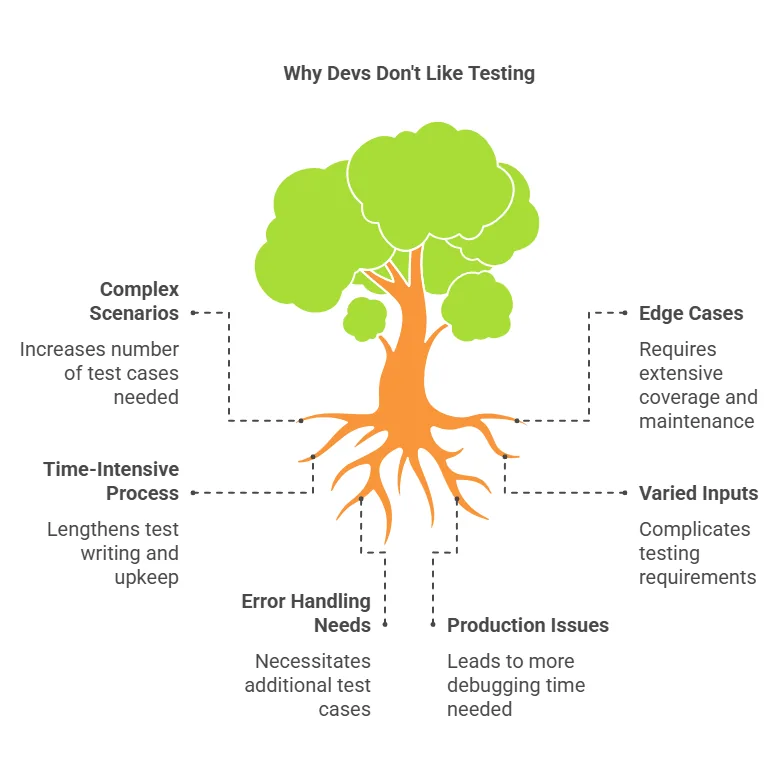 Diagram showing common reasons developers avoid writing tests.