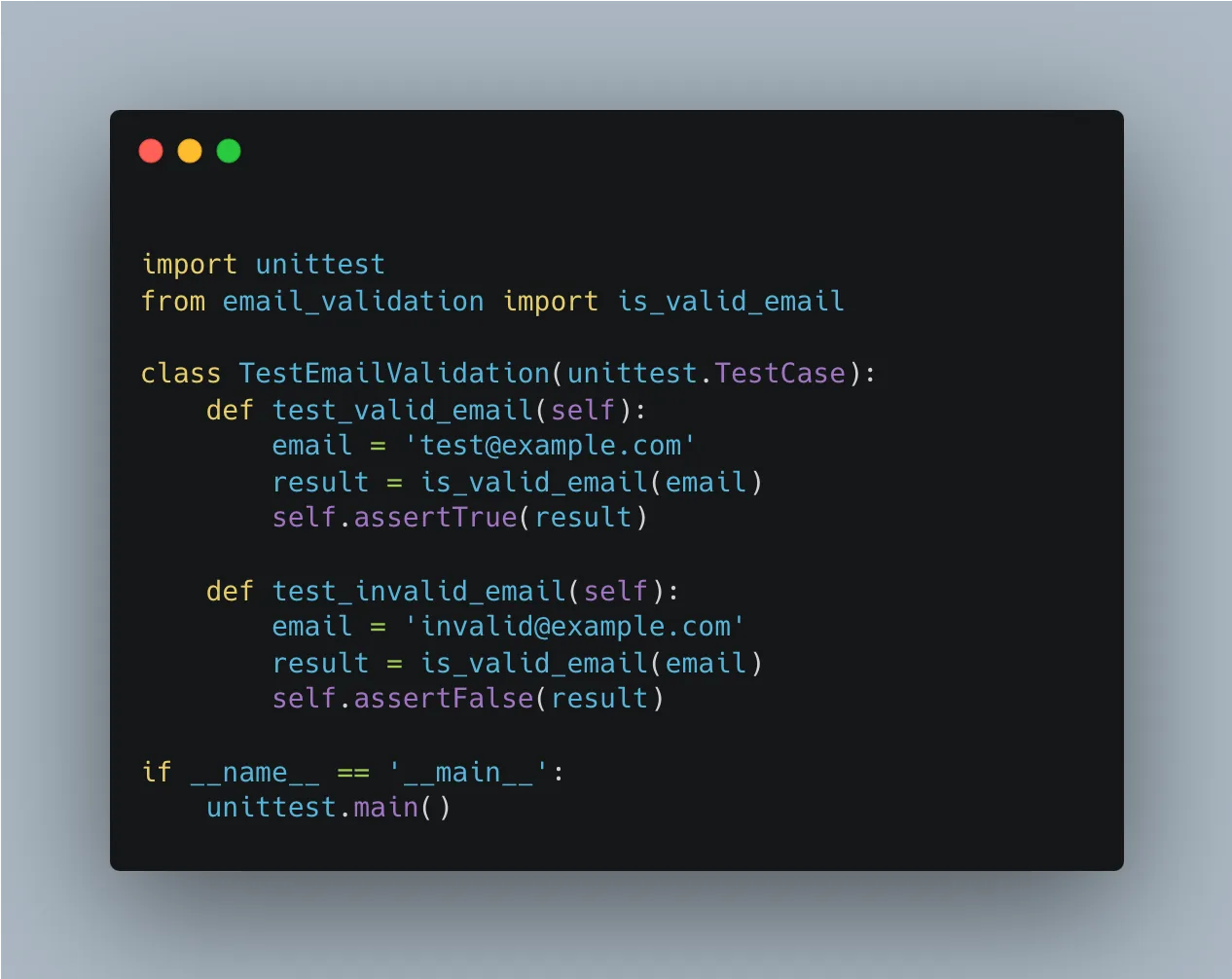 Python TestEmailValidation class with valid and invalid email cases.