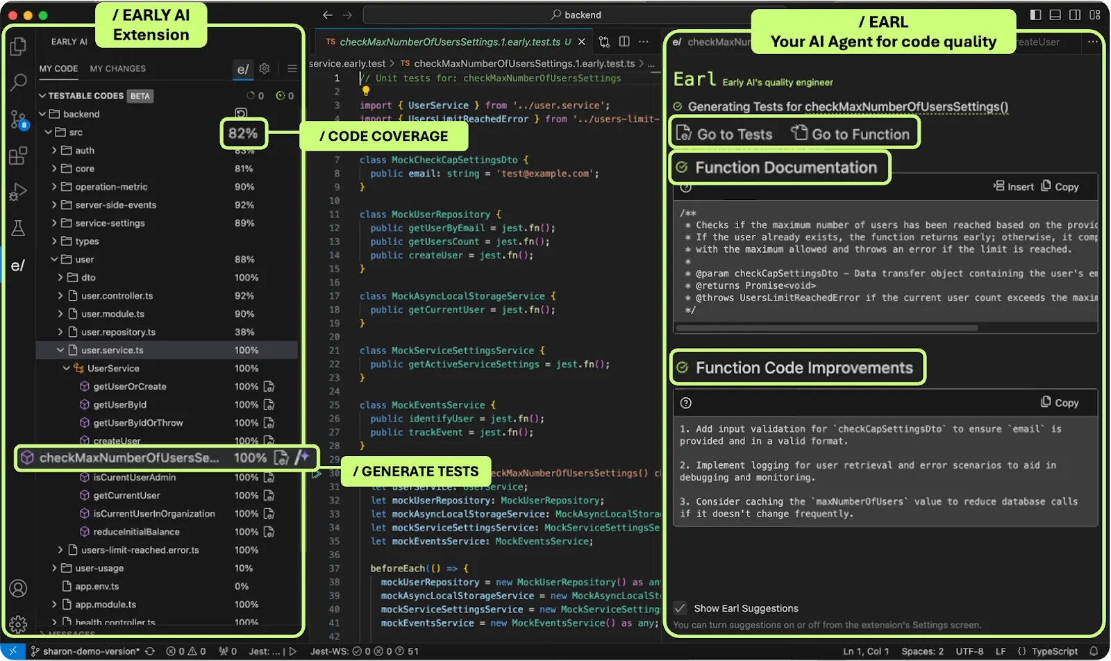 Former EarlyAI extension showing coverage, generated tests, documentation and code suggestions.