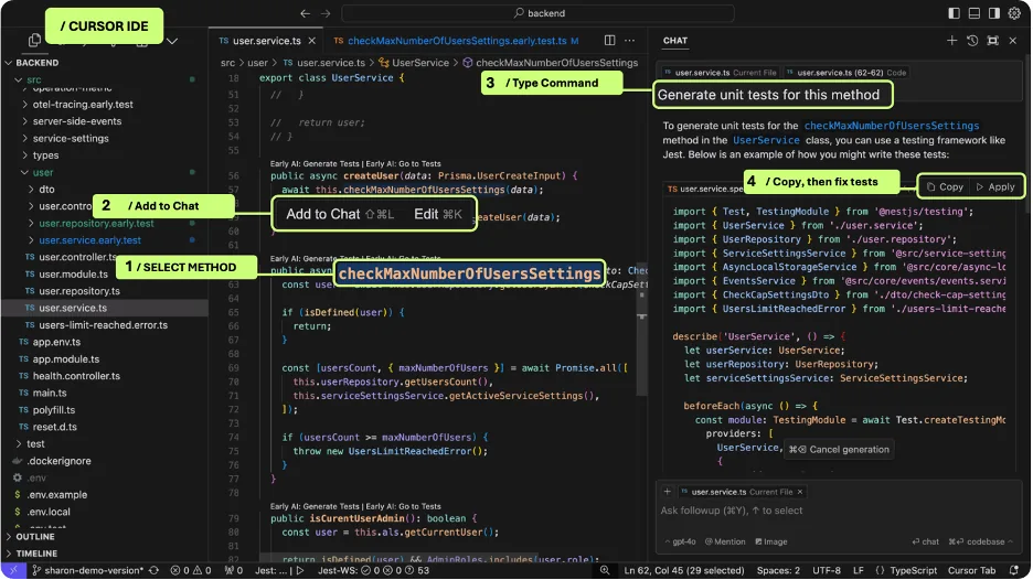 Cursor workflow: select a method, add it to chat, request tests, then copy and repair the code.