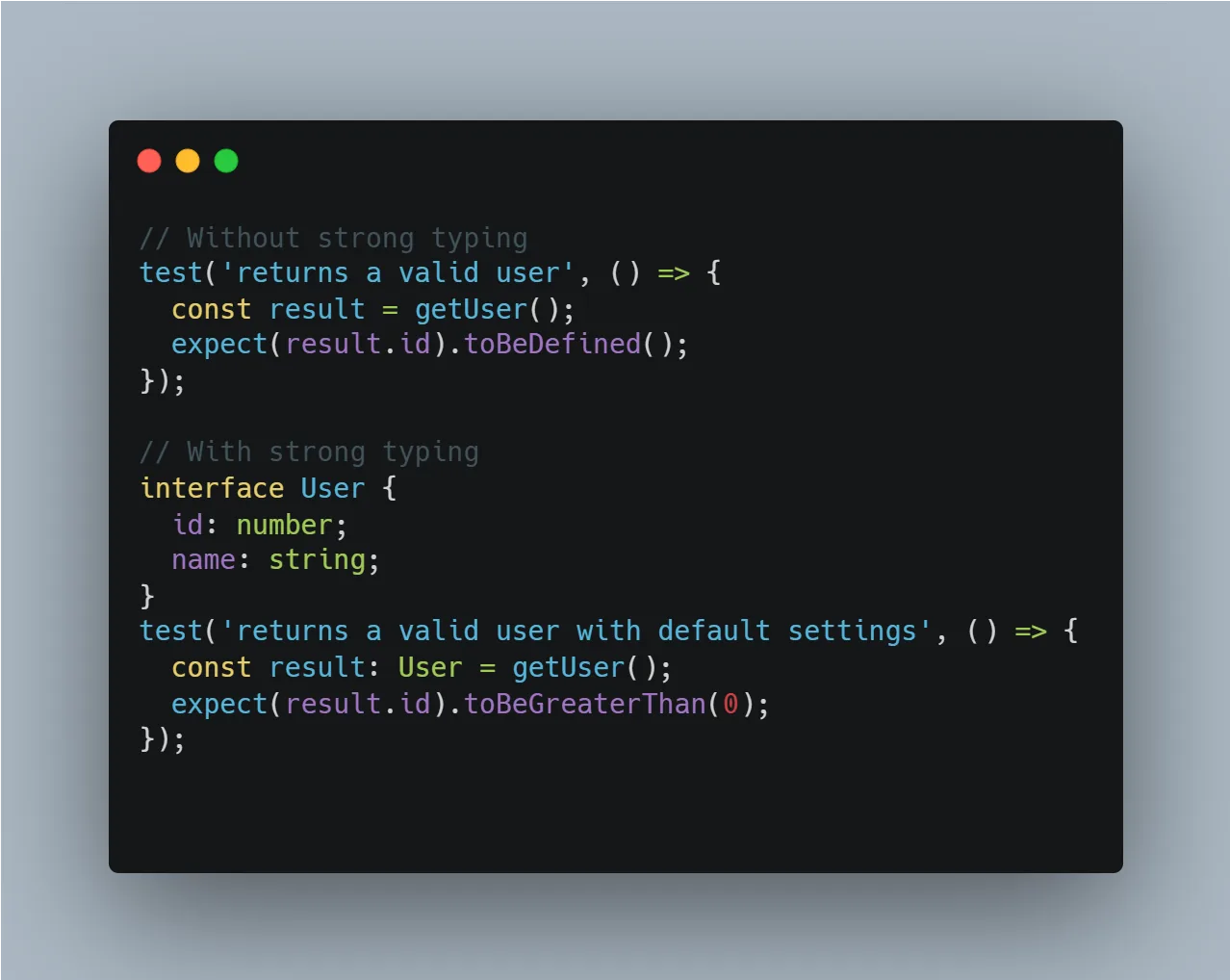 TypeScript interface test validating object properties.
