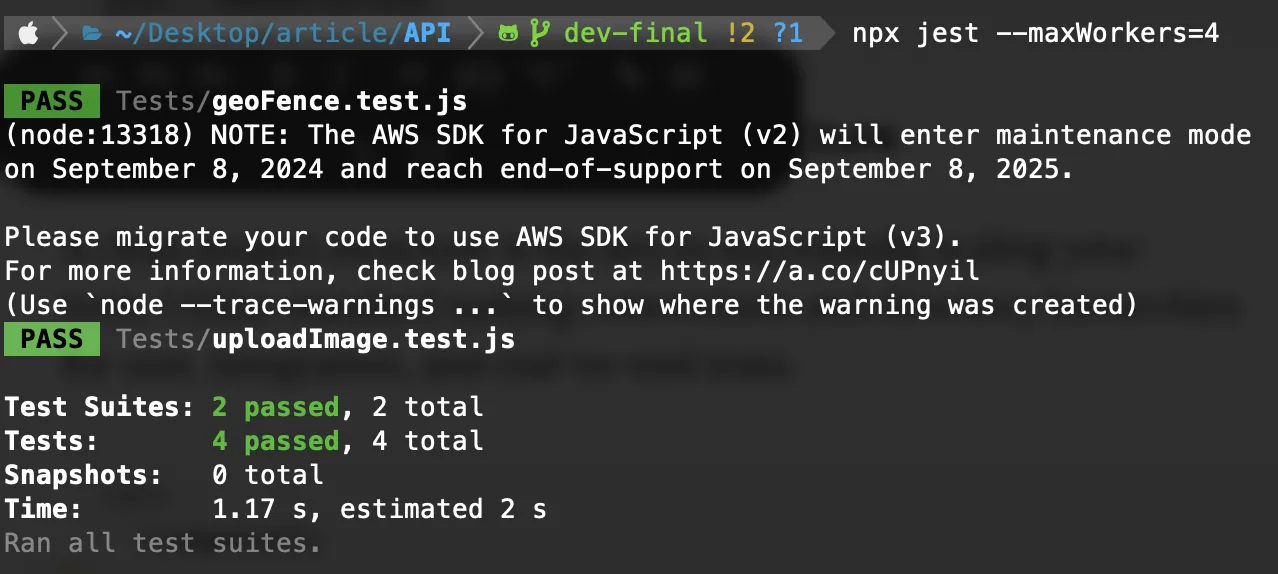 Terminal output from a Jest test run.