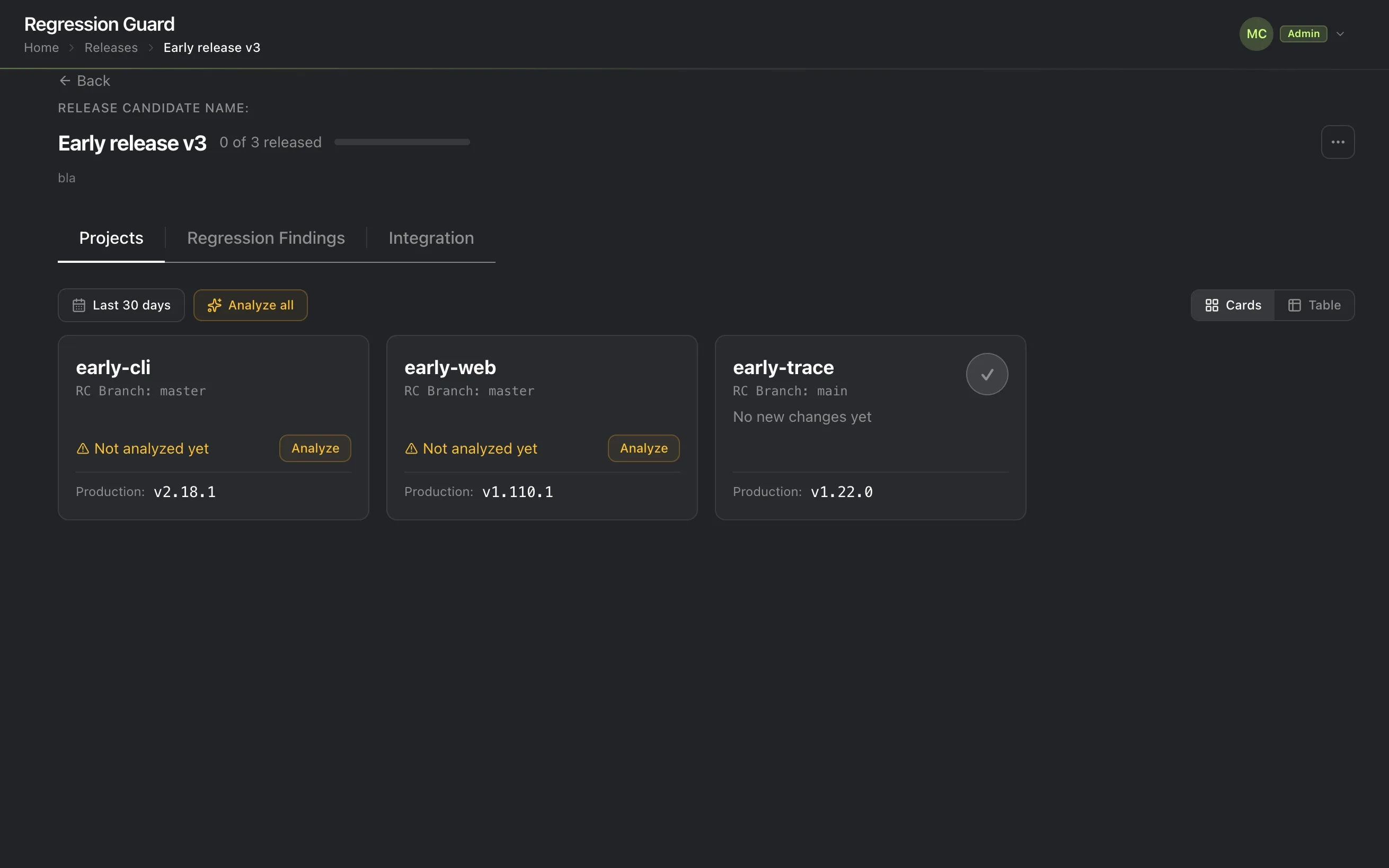 A release candidate's Projects tab, with early-cli and early-web showing "Not analyzed yet" and Analyze buttons, an Analyze all button above the list, and early-trace already up to date