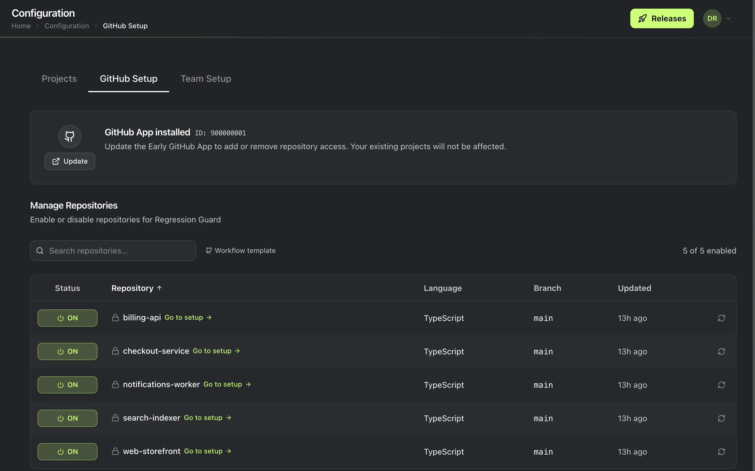 Early's GitHub Setup page showing the GitHub App installed and five repositories enabled for Regression Guard