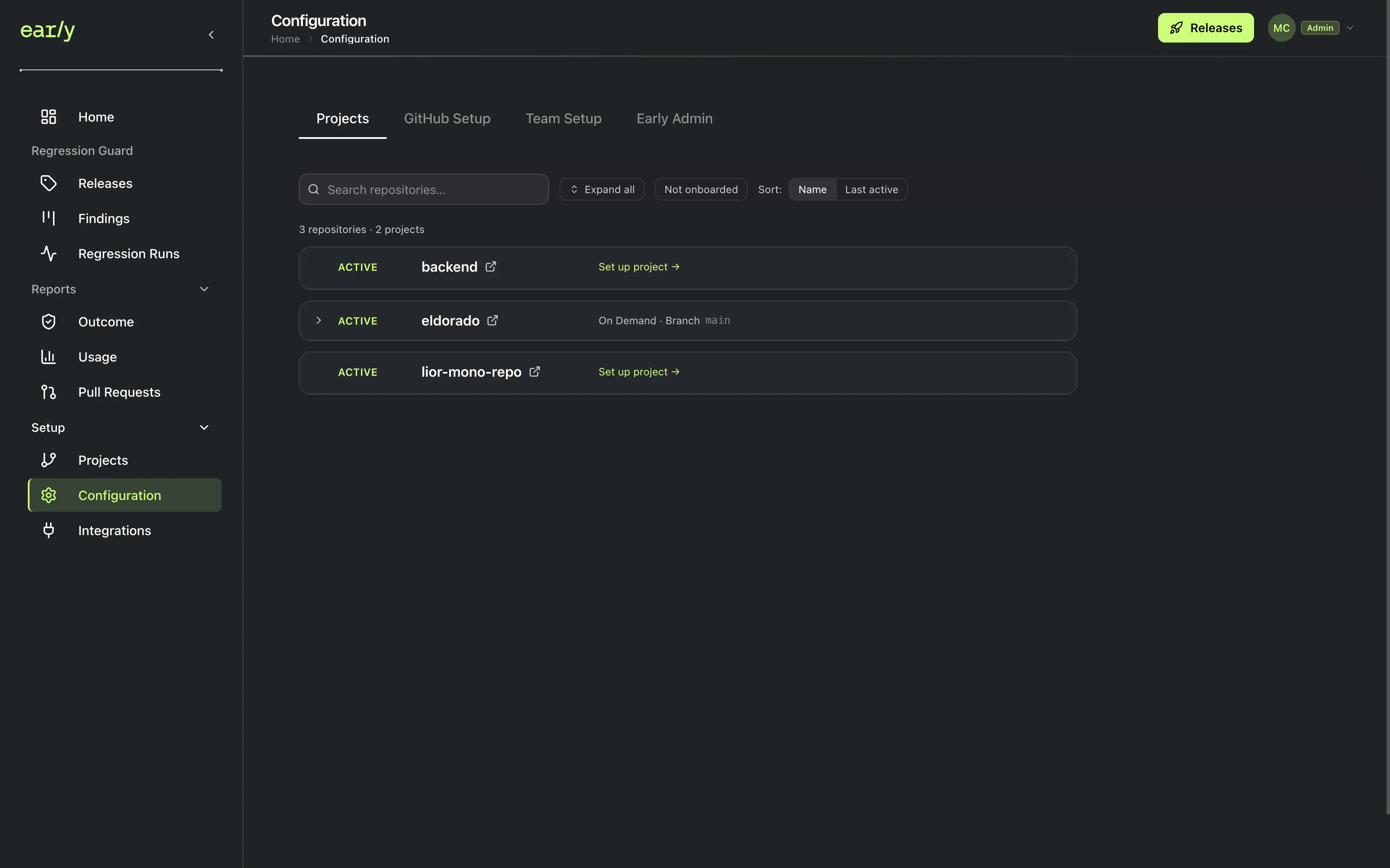 Early's Projects tab showing three repositories, one of them offering a Set up project link
