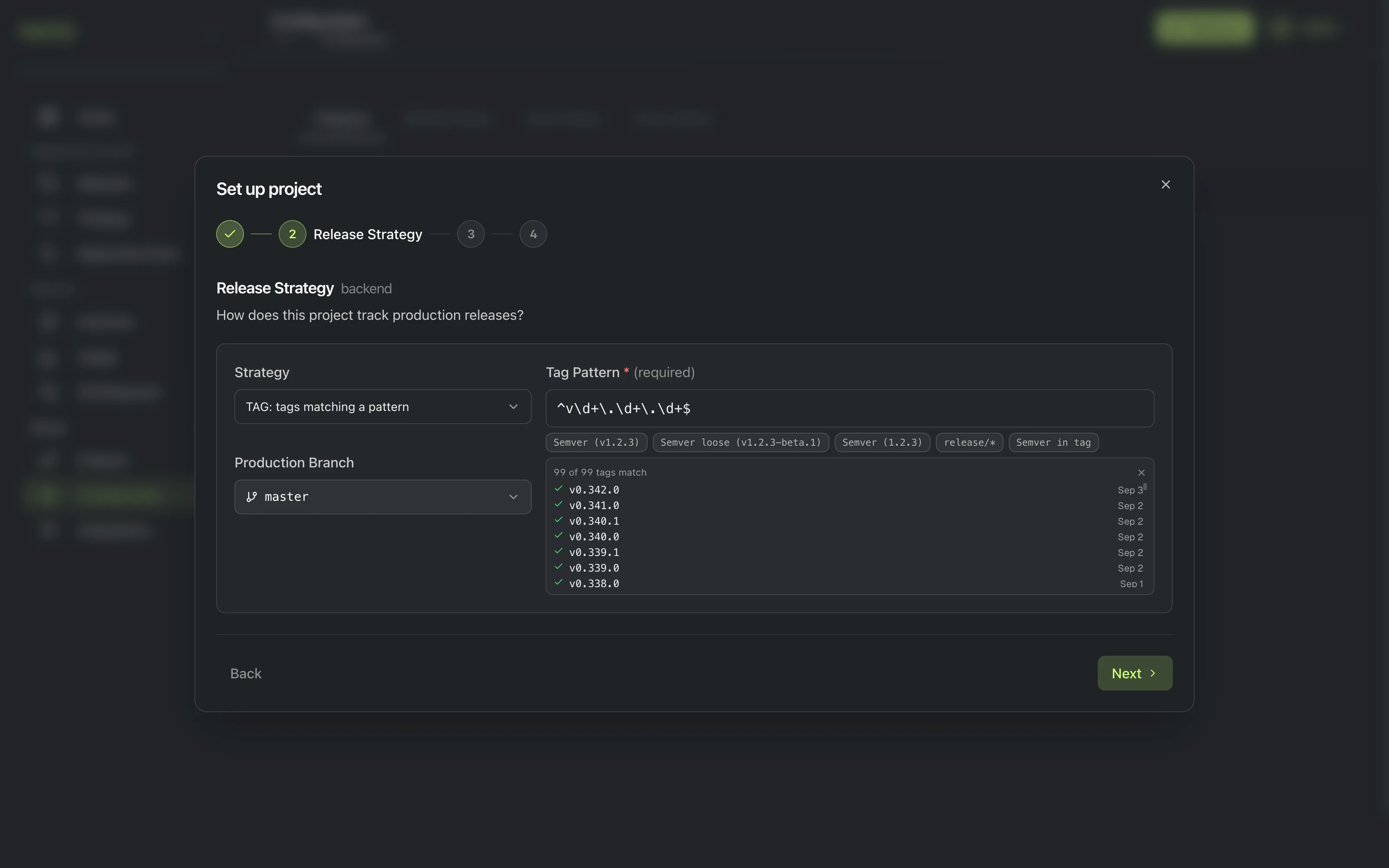 The Release Strategy step showing a tag pattern with matching example tags listed