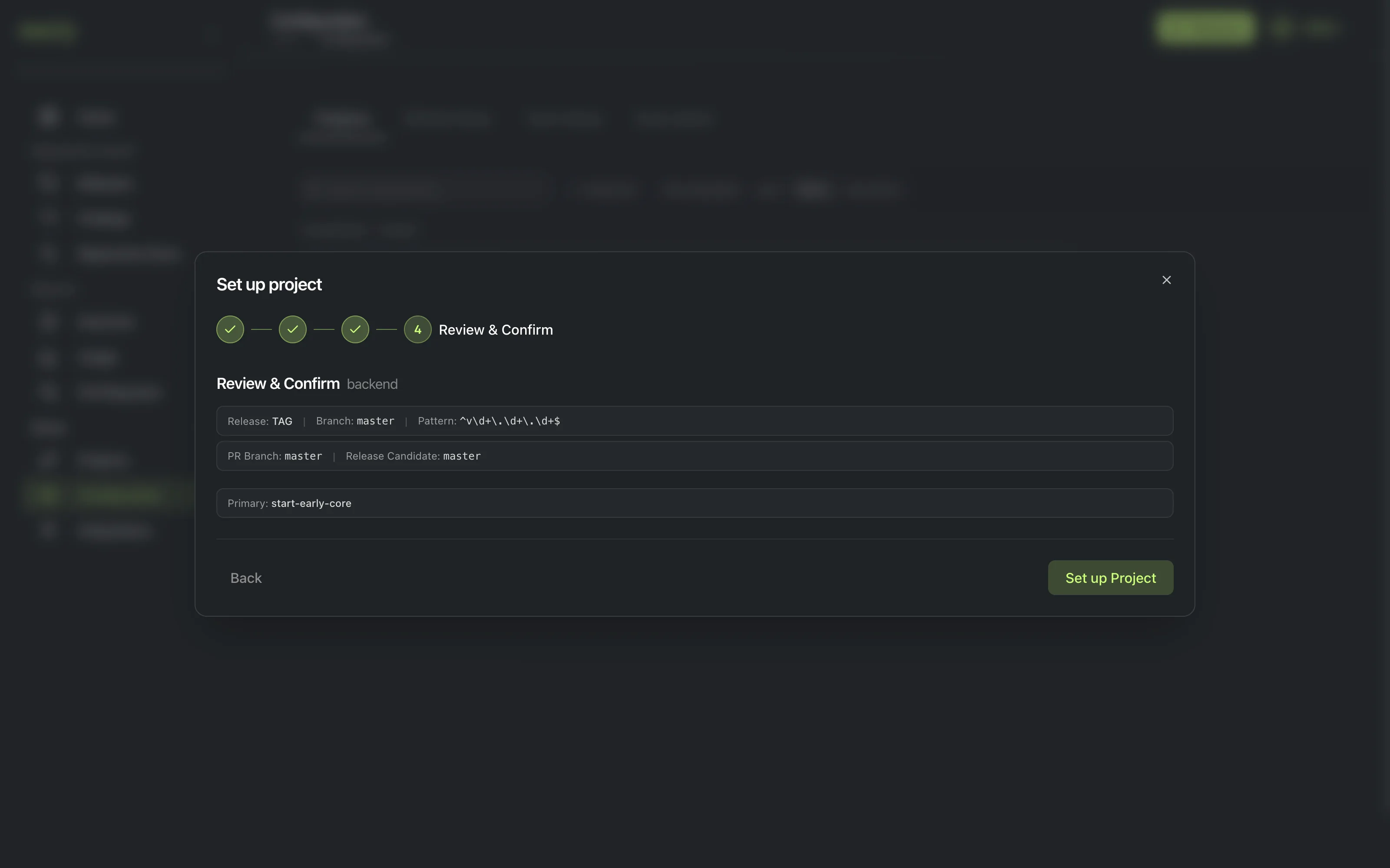 The Review & Confirm step summarizing the release strategy, release candidate branch, and primary sub-project