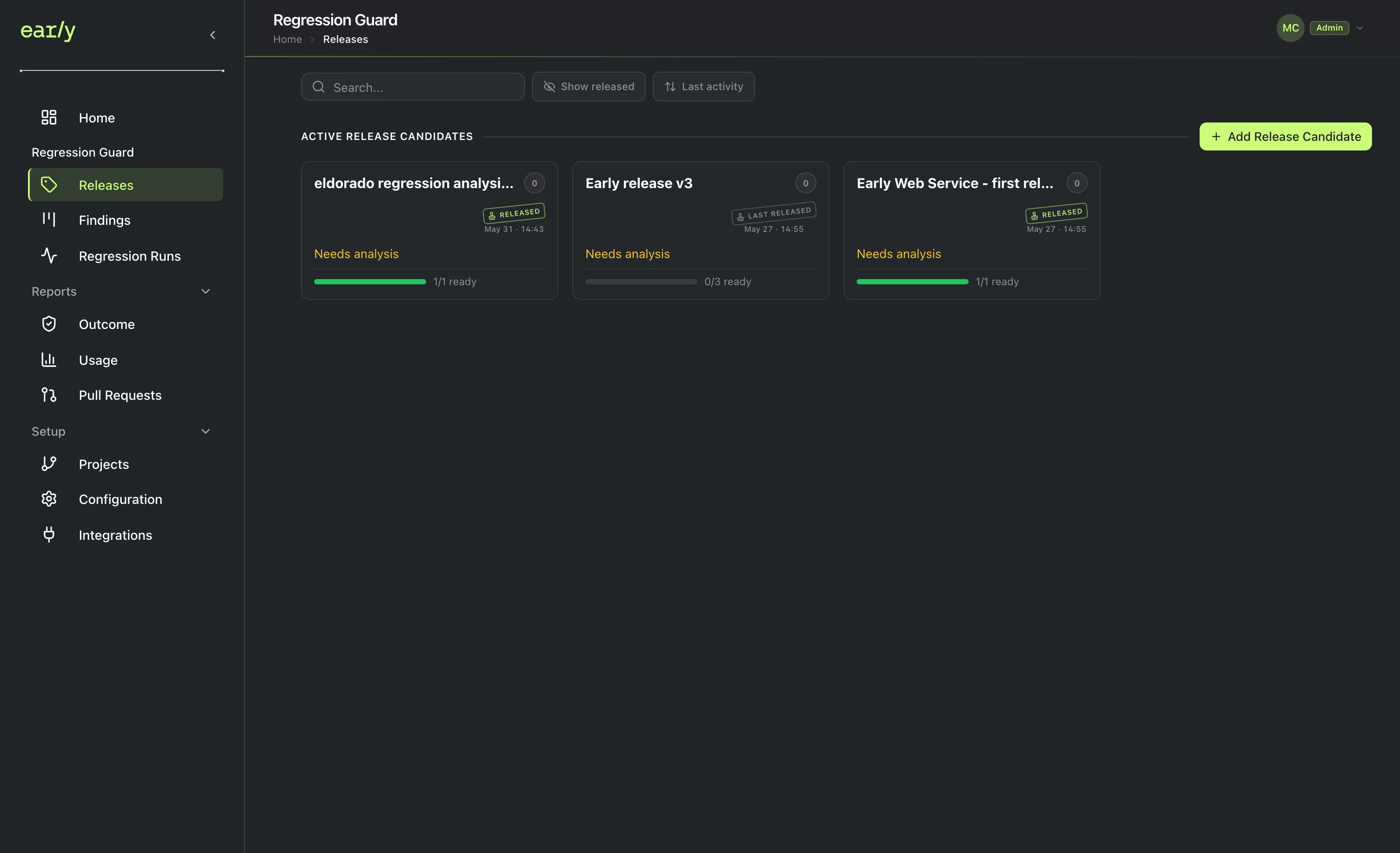 Early's Releases page showing three active release candidates, each with a readiness progress bar such as "1/1 ready" or "0/3 ready"
