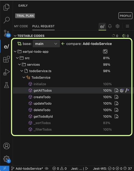 Branch diff view with testable files