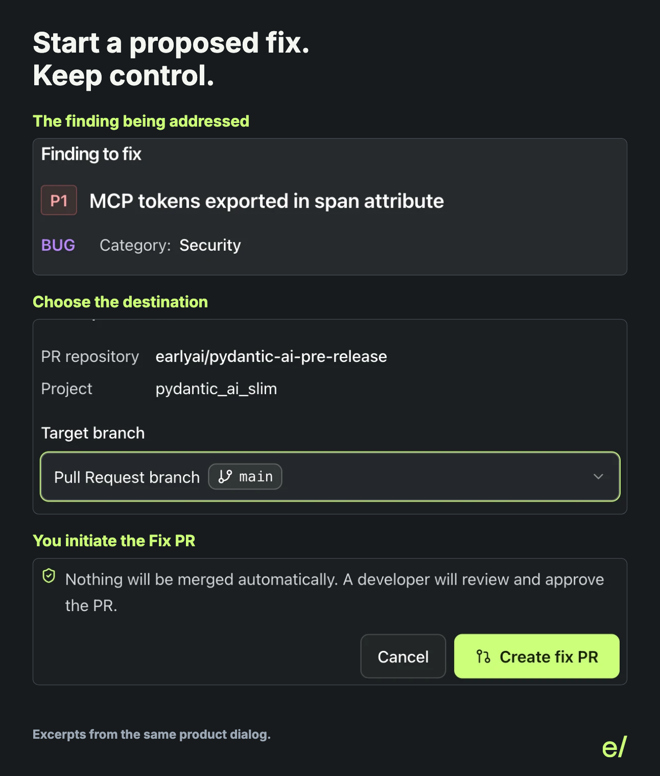 Early Create a fix Pull Request dialog showing the finding, destination repository, and target branch.